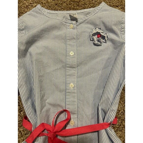 Carter's Girls Shirt Dress Tunic Size 7 Blue White Pinstripe Red Belt - Picture 2 of 4